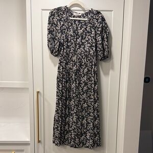 THE GREAT. Black and Cream Floral Midi Dress